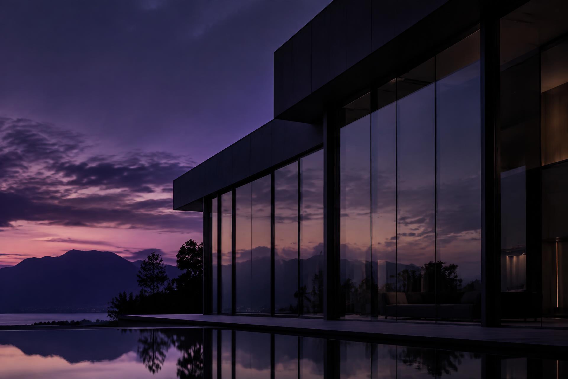 Floor-to-ceiling windows on a modern building at dusk